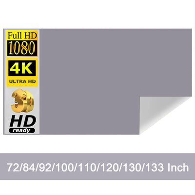 High brightness reflective projection screen for DLP LED projectors, available in sizes 72-133 inches, supports Full HD and 4K.